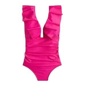 J Crew Womens Ruched Ruffle One Piece Swimsuit Size 18 Pink Vneck Open Back